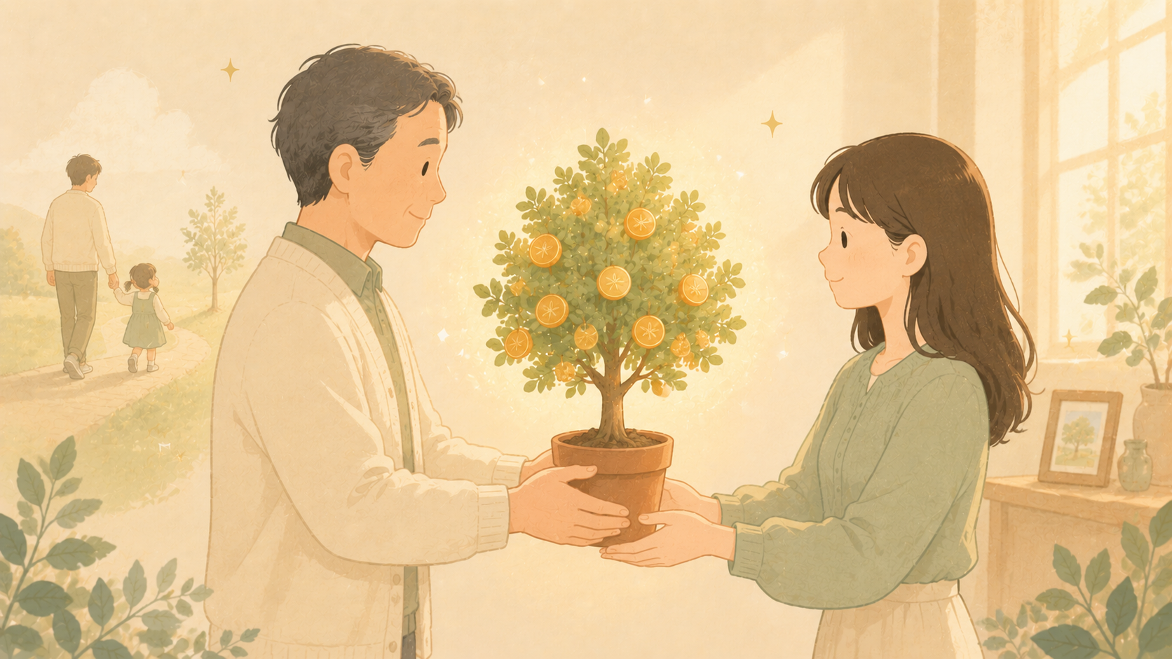 22 歳に成長した娘へ、19 年かけて育てた配当の樹を父が手渡しているイラスト。世代を超える価値の引き渡し
