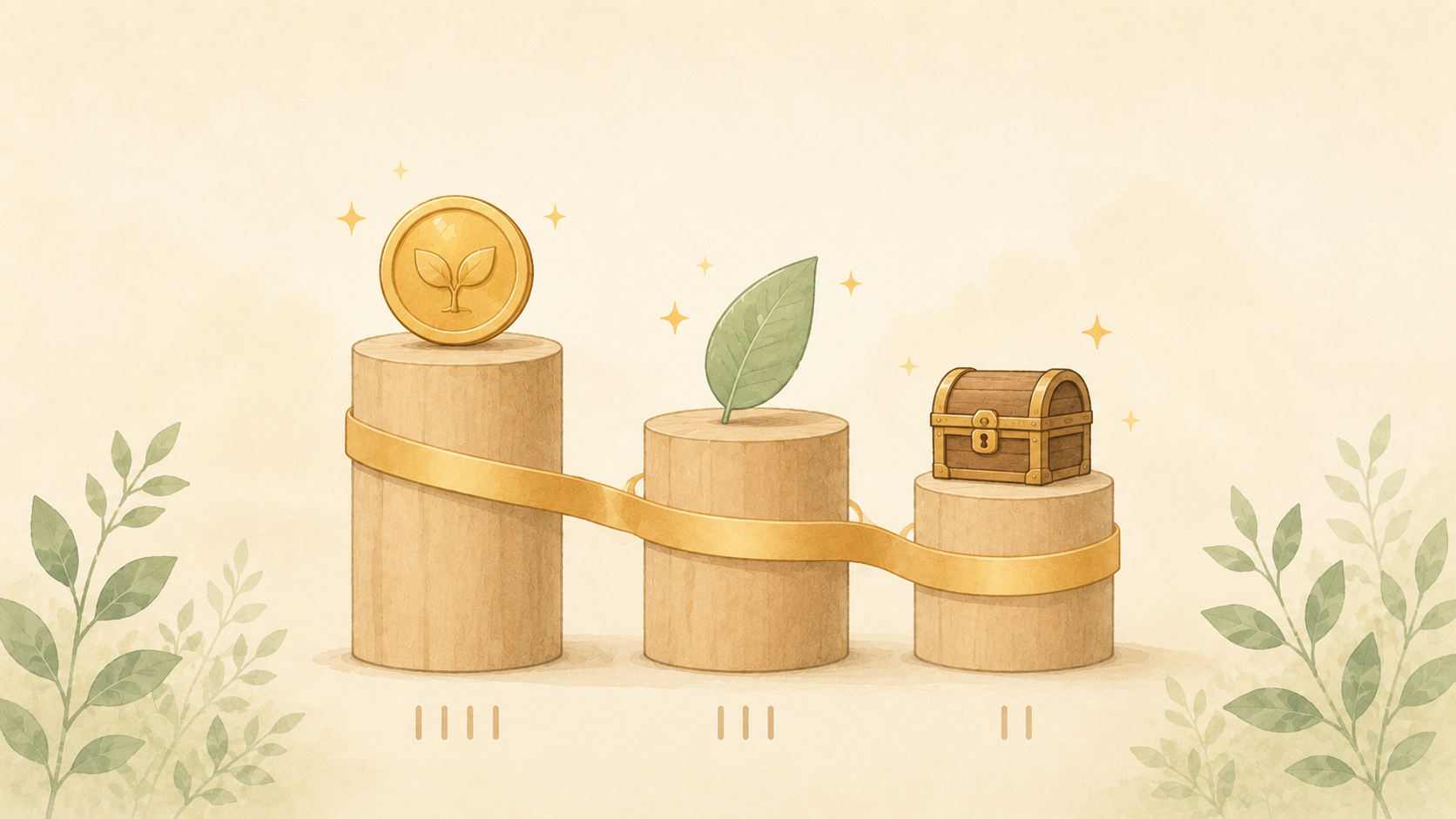 高さの異なる3本の木製の柱が並ぶフラットイラスト。左からコイン・葉・宝箱のアイコンが乗り、3軸の重みづけを表現