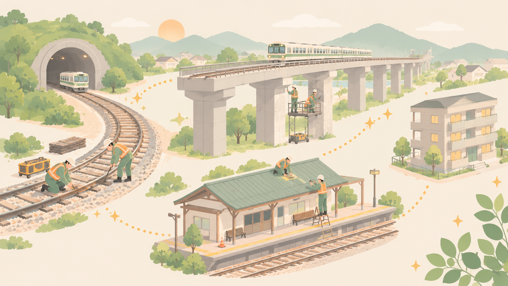 線路・高架橋・トンネル・駅を直していく作業員たちの図解イラスト。保守と更新が中心の第一建設工業の事業