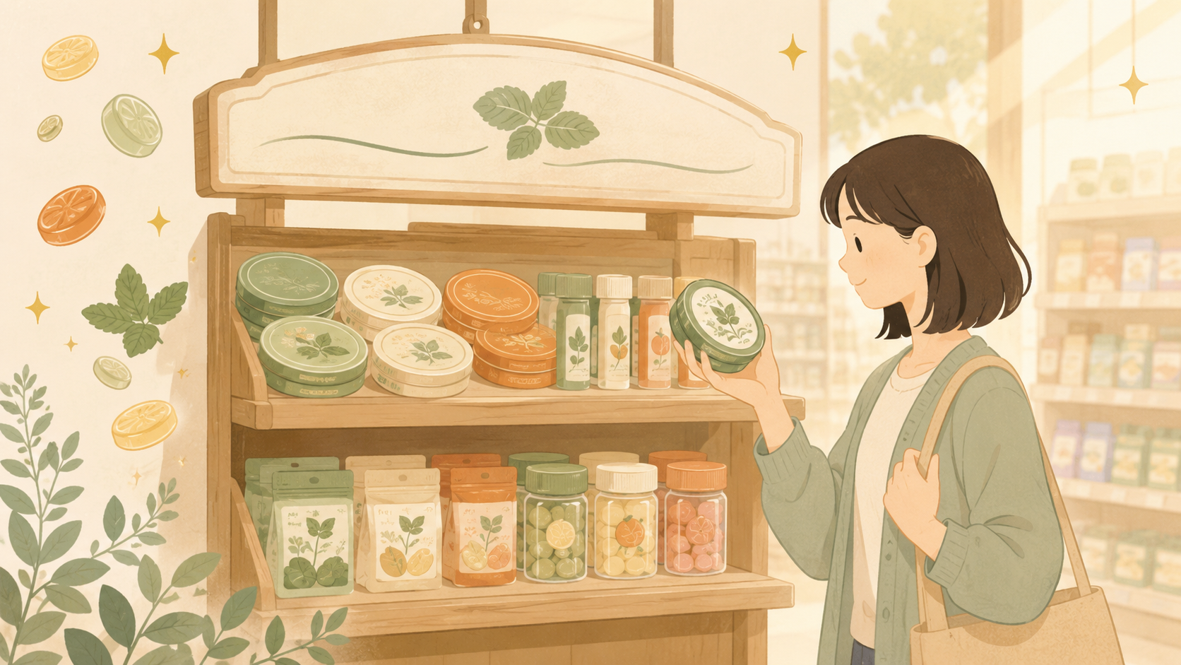 のど飴とグミが並ぶコンビニの棚と、それを手に取る女性のイラスト。100 年続くブランドの静かな強さをイメージ