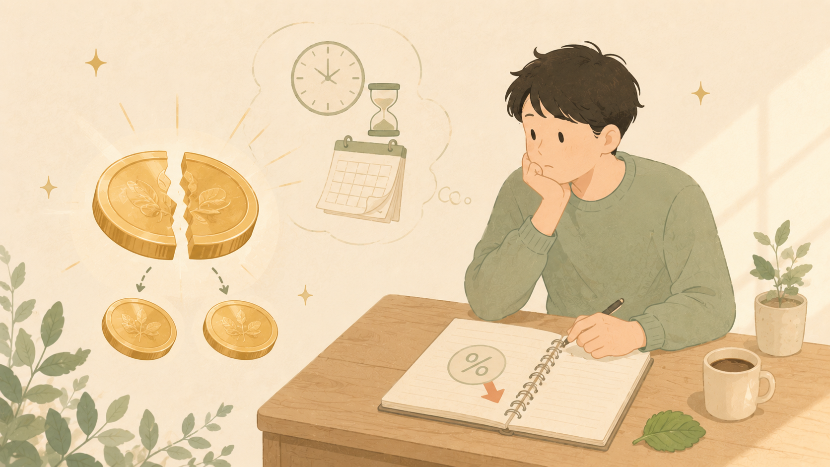 1 枚のコインが 2 つに分かれる株式分割の瞬間と、机で考え込む男性のイラスト。失敗を静かに記録するイメージ