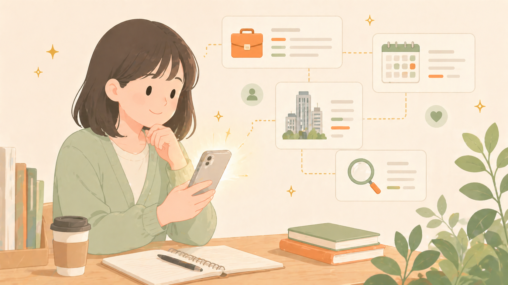 スマートフォンで就職情報を調べる学生のイラスト。あさがくナビをイメージ