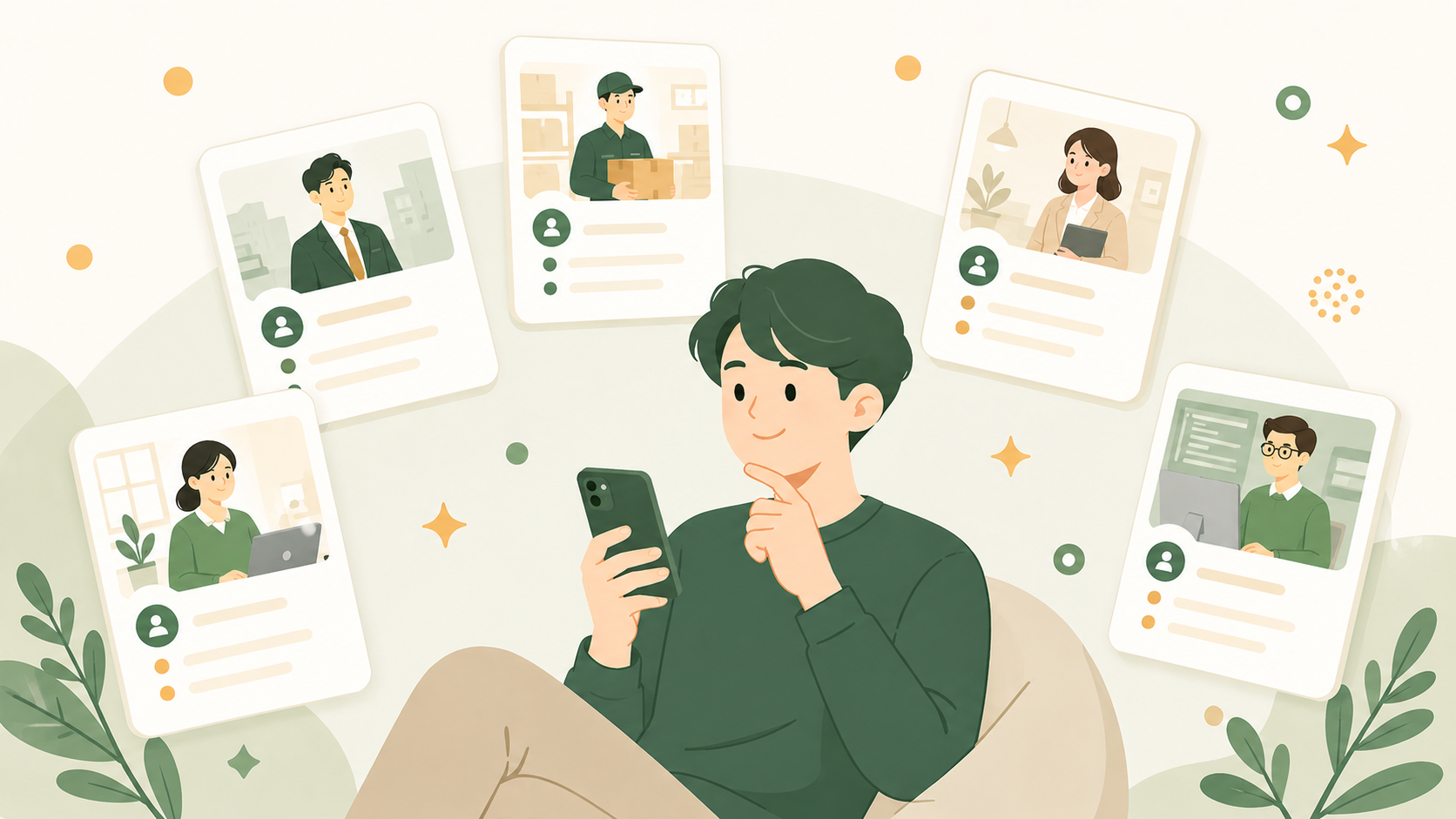 スマートフォンで求人情報を探す求職者のイラスト