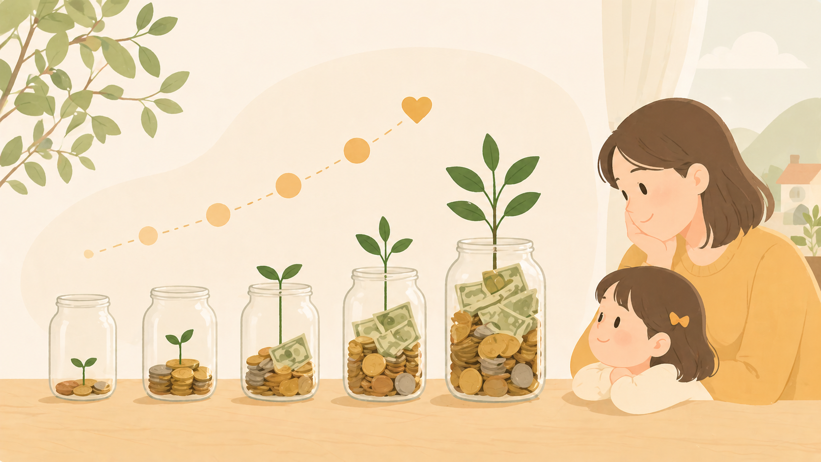 コインと植物が育つ瓶を親子で見つめるイラスト。配当が積み重なるイメージ