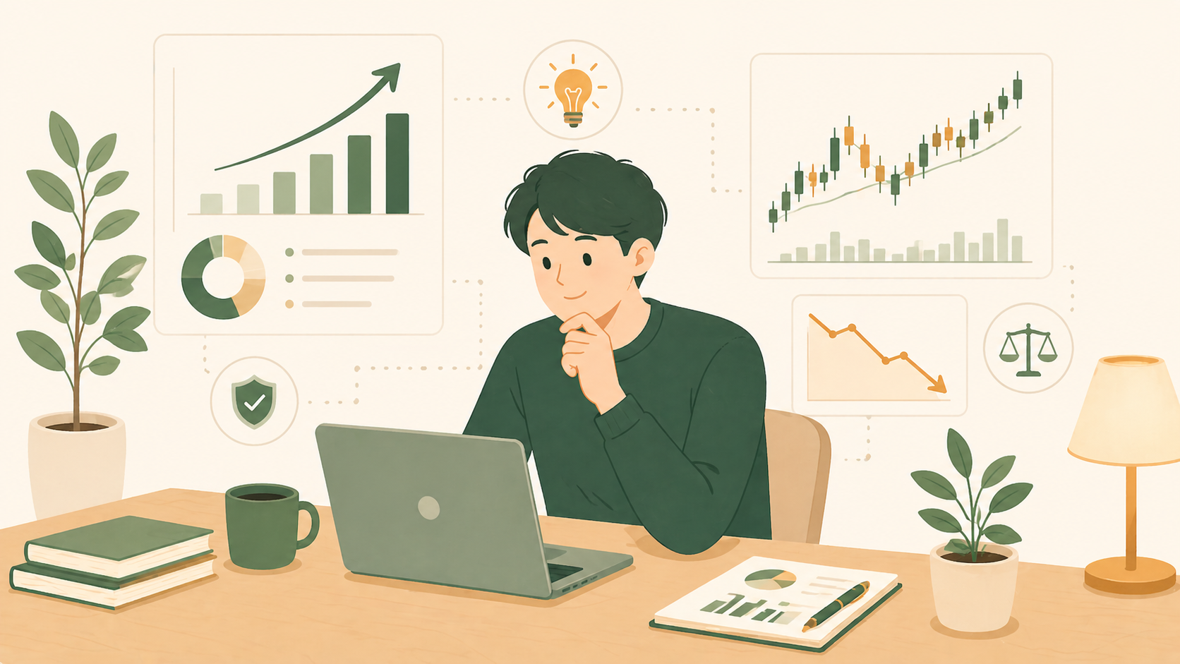 グラフを見ながら投資判断を行う人物のイラスト