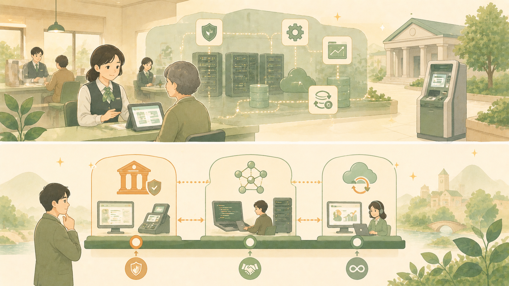 地方銀行の業務システム・債権管理・コンタクトセンターを示す図解イラスト。アイティフォーの3つの事業柱